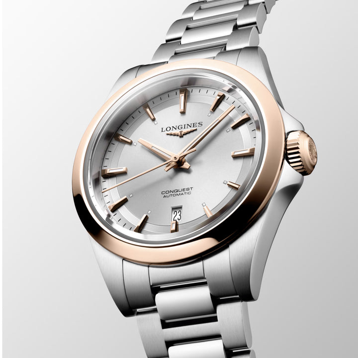 Longines Conquest watch 30mm automatic silver rose gold steel L3.320.5.72.6