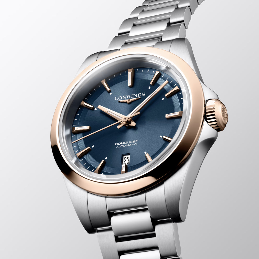 Longines horloge Conquest 30mm blauw automatisch staal PVD afwerking rosé goud L3.320.5.92.6