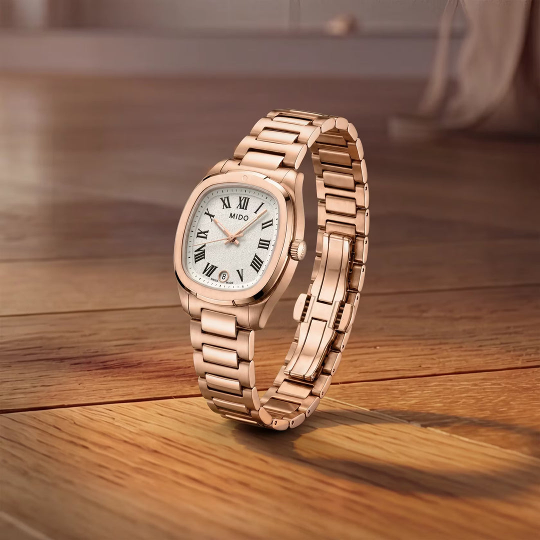 Mido-Uhr Multifort TV 28 mm Elfenbein Quarzstahl PVD Roségold M049.110.33.263.00
