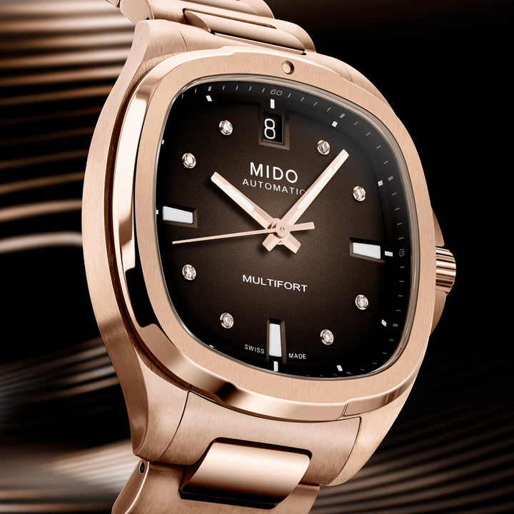 MIDO Multioft TV 35mm Bruine tv Automatische diamanten stalen afwerking PVD Gold Rosa M049.307.33.296.00 uur