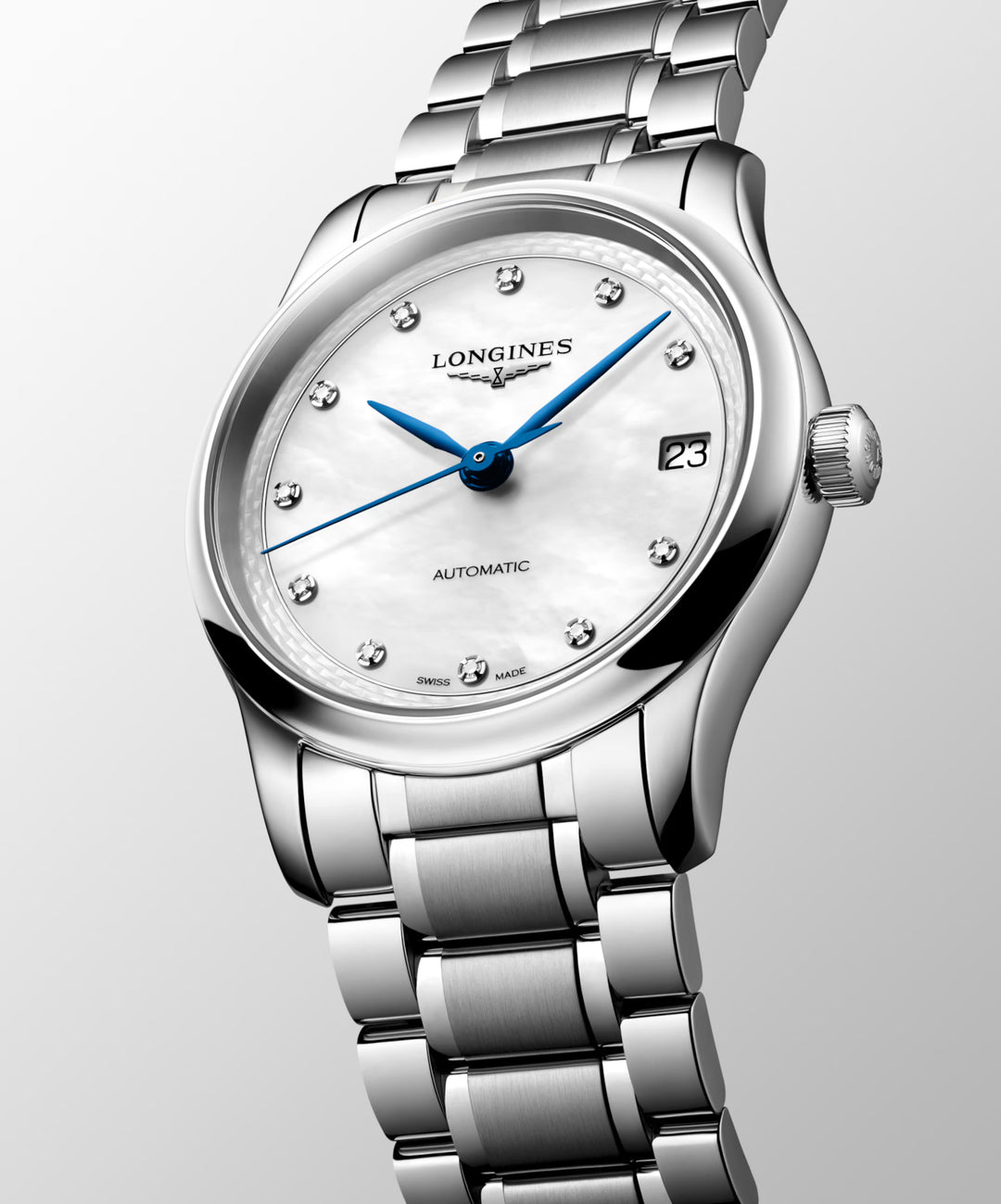 Longines Master Collection watch 34mm mother of pearl diamonds automatic steel L2.450.4.87.6