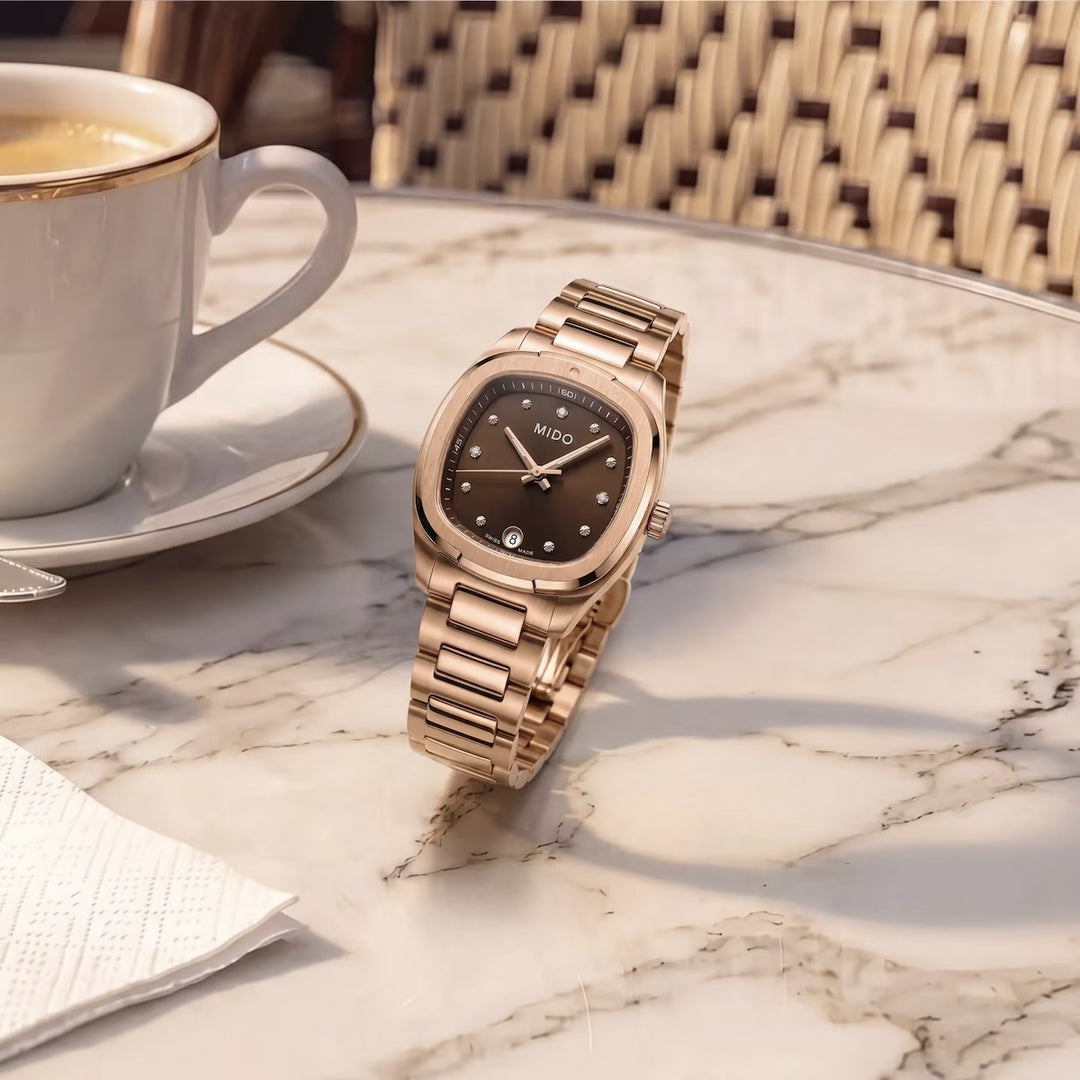 Mido Multifort TV 28 mm bruin quartz staal rosé goud PVD afwerking M049.110.33.296.00