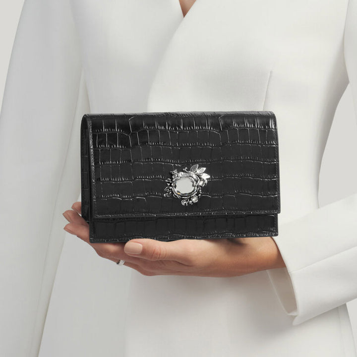 Giovanni Raspini Dschungel-Clutch Krokoleder schwarz bronzeweiß L0027