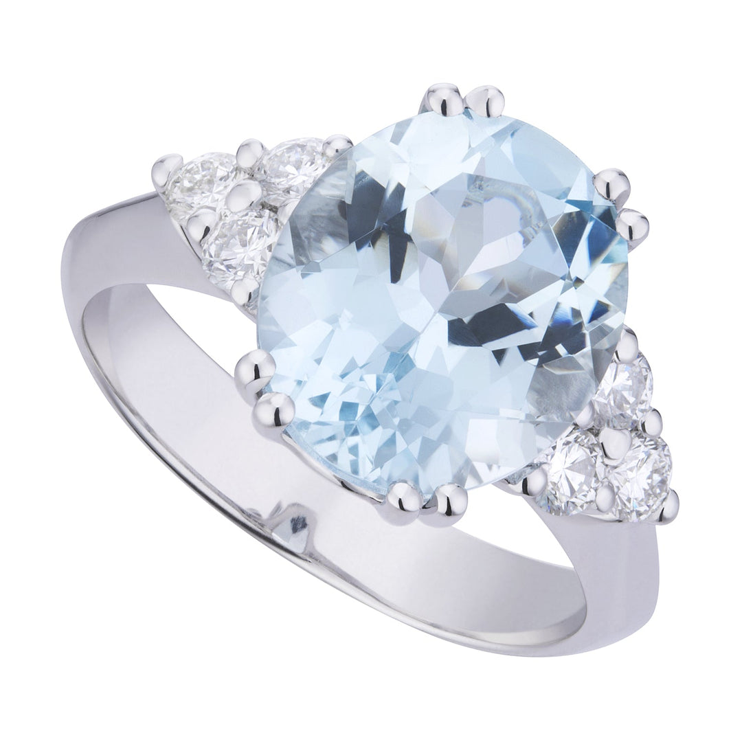 Golay Aquamarine Ring Oval and Side Diamonds