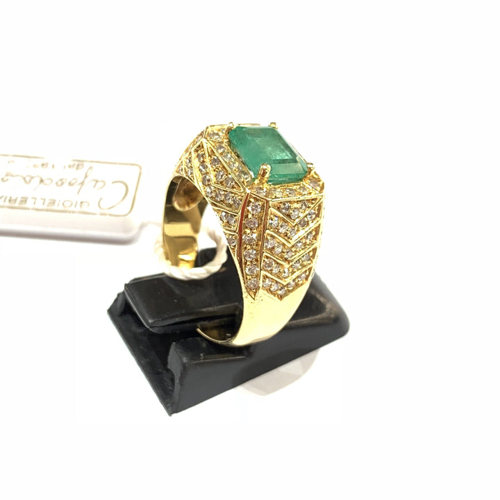 Capodagli Vintage Retro Fantasy ring 18kt yellow gold Emerald and Diamonds - Capodagli Jewelery
