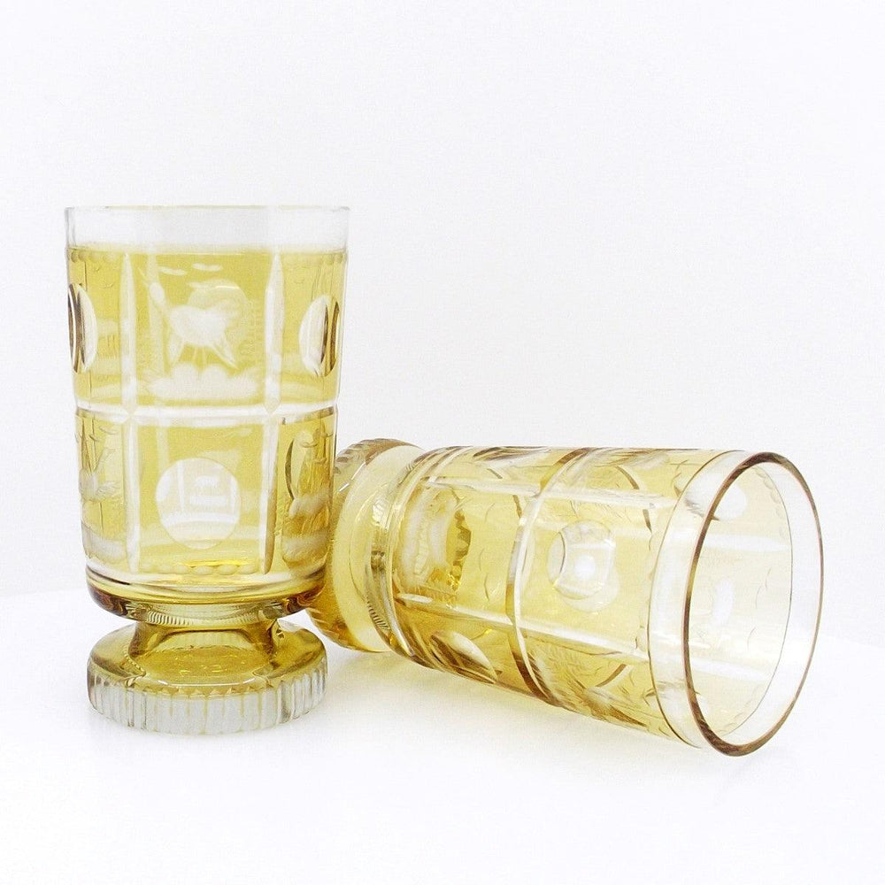 Paar amberkleurige glazen glazen in Biedermeier-stijl, met de hand gesneden en gegraveerd A-S2429-H - Gioielleria Capodagli