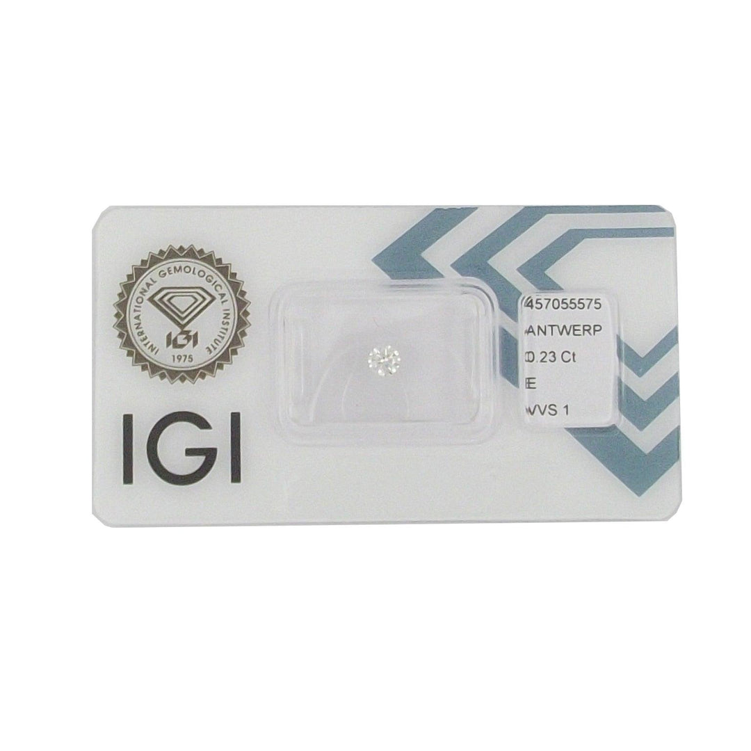 IGI-Diamant im Blister, zertifizierter Brillantschliff, 0,23 ct, Farbe E, Reinheit VVS 1 – Capodagli 1937